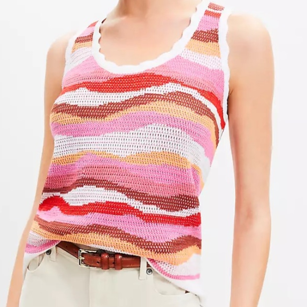 Loft Wavy Stripe Scoop Neck Knit Tank Top - Pink/Orange/Cream Size Small EUC